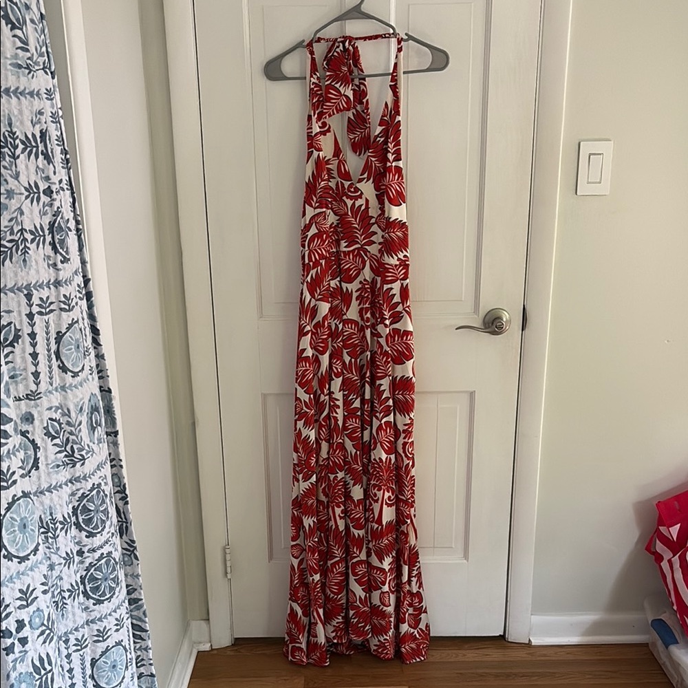 Red and White Tropical Halter Maxi Dress